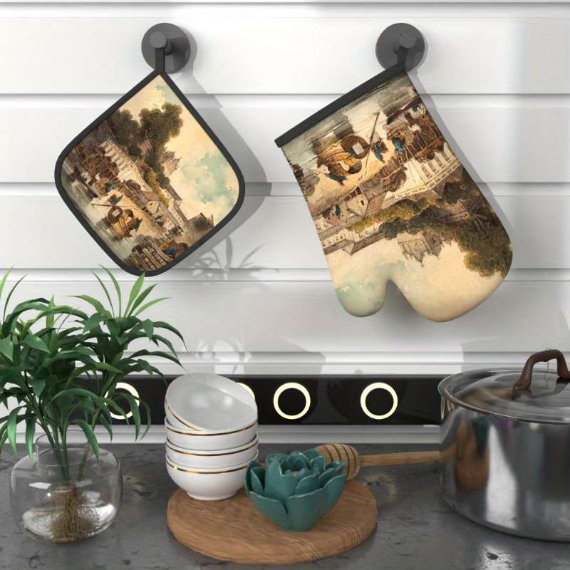 2pcs Heat-Resistant Oven Mitts with Charming Small Town Life Design 26.92x17.02 cm Polyester