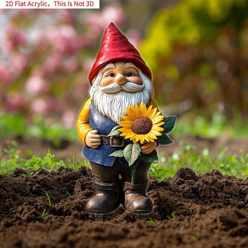 1pc 2D Flat   Charming Sunflower Garden Gnome  Acrylic Yard Stake Bonsai Decor Whimsical