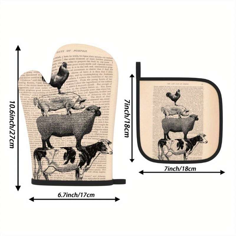 2pcs Vintage Farmhouse Kitchen Set 26.92x17.02 cm Oven Mitts Pot Holders with Chicken Pig
