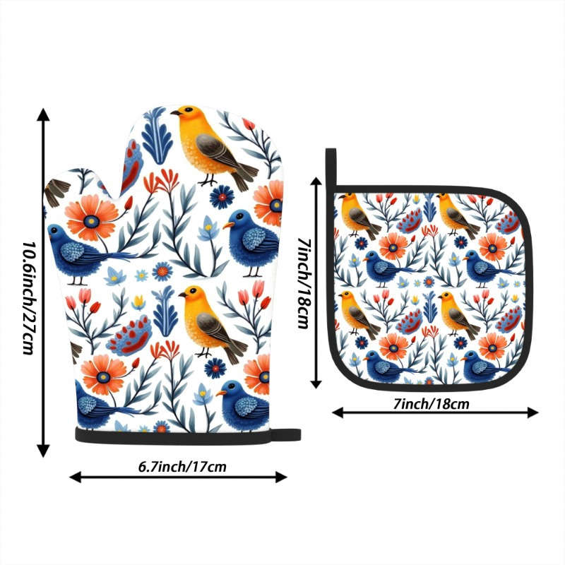 2pcs Floral Bird Design Heat-Resistant Oven Mitts 26.92x17.02 cm Colorful Polyester Kitche