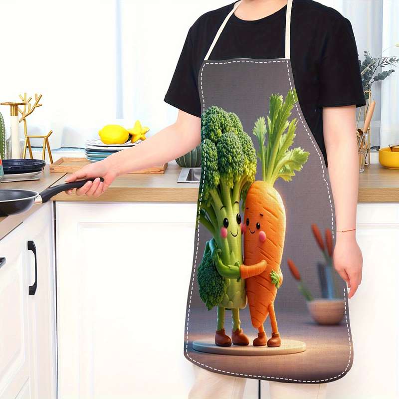 1pc Cute Carrot Broccoli Print Linen Apron Soft Easy-Care Fabric for Cooking Baking Kitchen