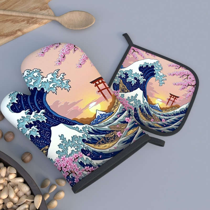 2pcs Set Cherry Blossom Oven Mitts Pot Holders 26.92x17.02cm Heat Resistant Non-Slip Kitch