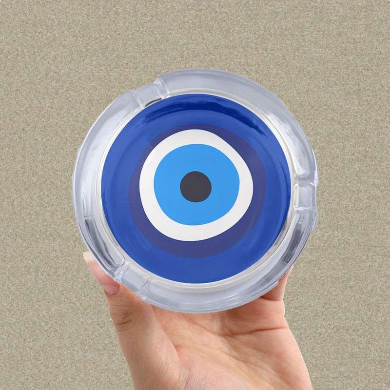 1pc Round Glass Ashtray with Blue White Black Eye Design Modern Artistic Desktop Decor for Office