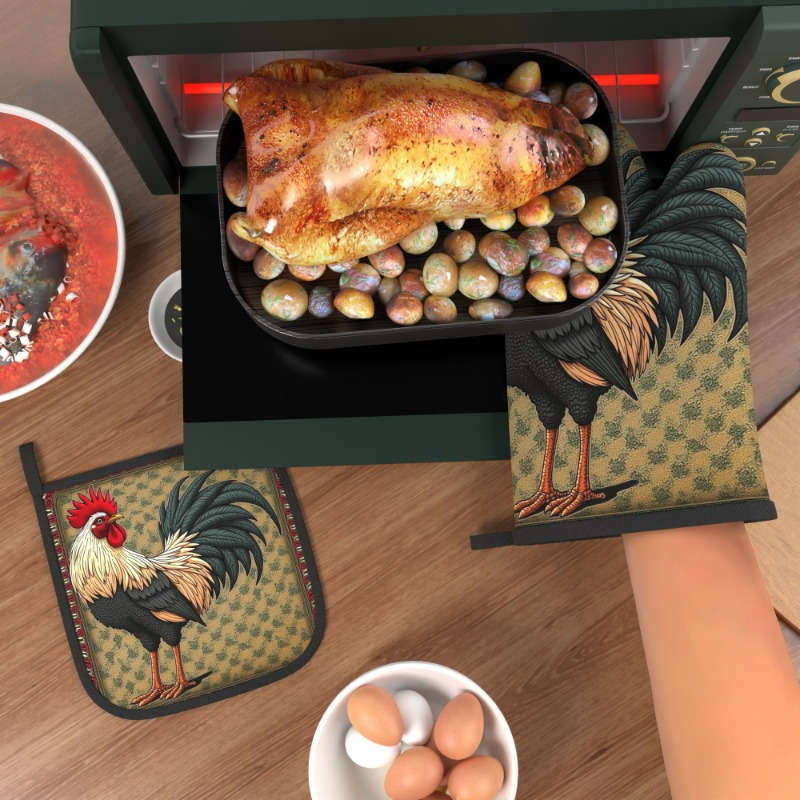 2pcs 26.92x17.02 cm Heat-Resistant Oven Mitts and Pot Holders Vibrant Rooster Design Durable