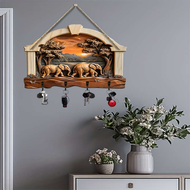 2D Flat 2Dflat1pcs Walking Elephant Simple Colorful Wooden and Home Key Holder with Four Metal Ho