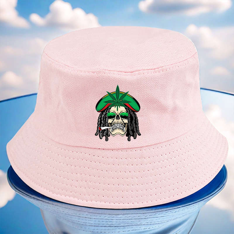 1pc Reggae Style Green Leaf Skull Print Bucket Hat Lightweight All-Season Fisherman Cap with T