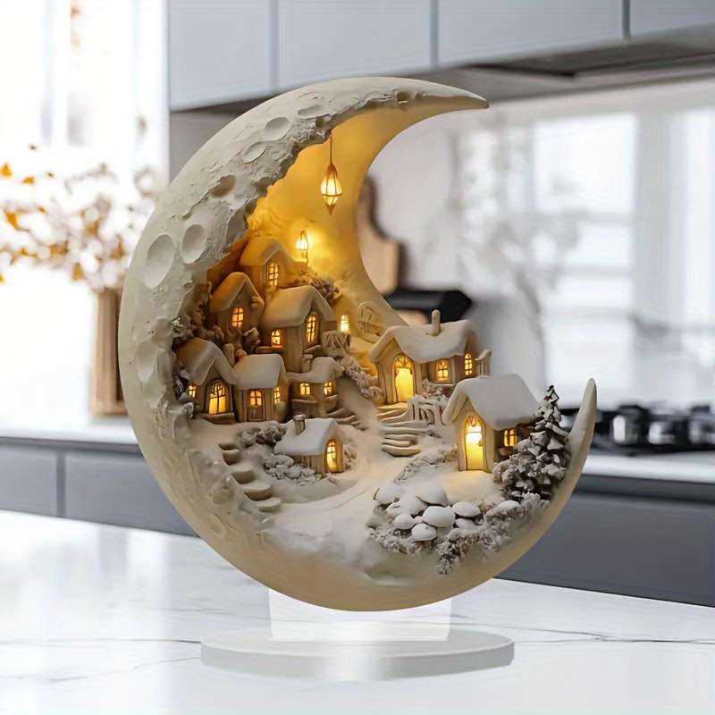 1pc 2D Flat  Bohemian Style Crystal Moon Phase Snowy Village Decor Dreamy Pastel Grey Acrylic P