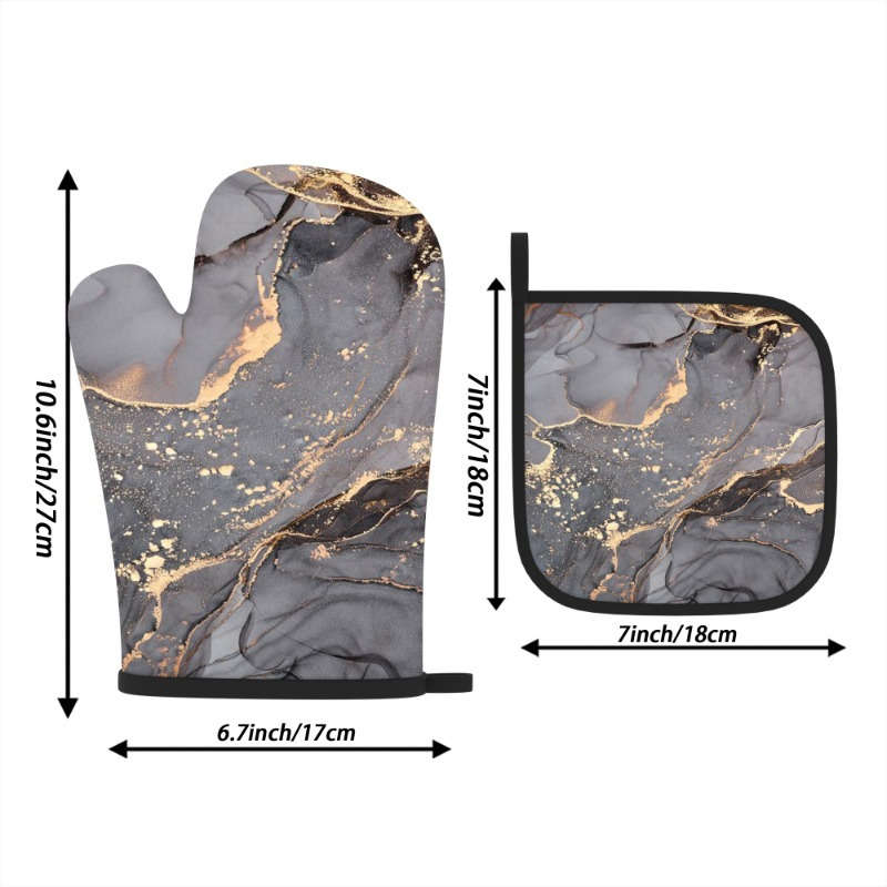 2pcs Grey Marble Pattern Polyester Oven Mitts Heat Resistant Potholders Machine Washable Wov