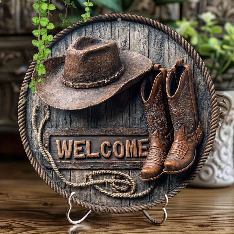 1pc Classic Western Cowboy Boots Hat Welcome Sign 20.32x20.32cm Round Aluminum Wall Hanging Decorati