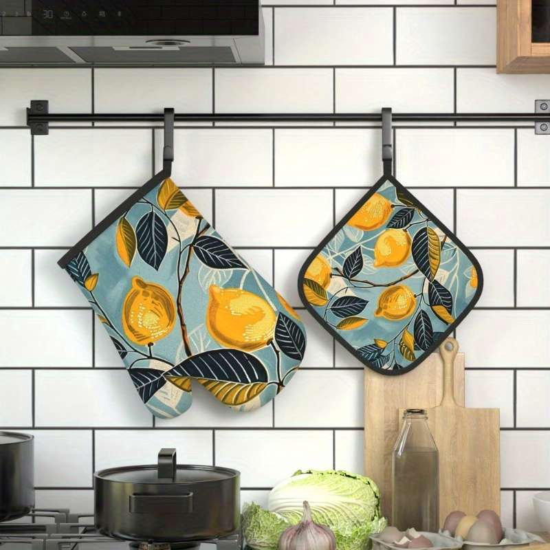 2pcs Lemon Leaf Pattern Oven Mitts Heat Resistant Non-Slip Kitchen Gloves for Baking Grilli