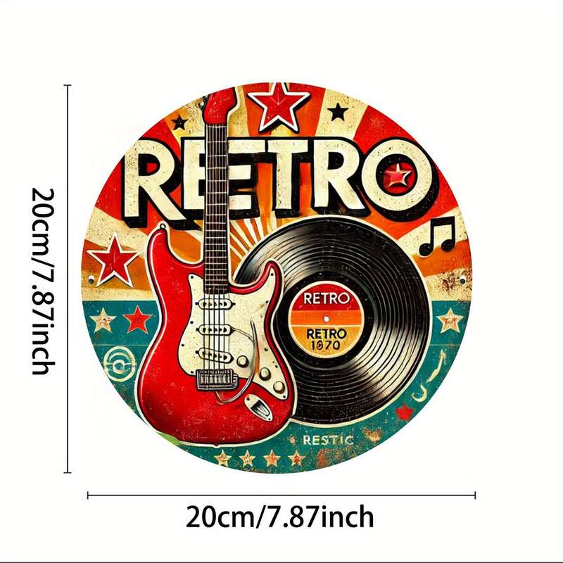 1pc Vintage Guitar and Vinyl Record Design 19.81 cm Round Iron Wreath Sign Vintage Style Wall Dec