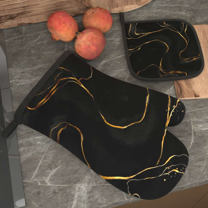 2pcs 26.92x17.02 cm Oven Mitts And Potholders Black Background Gold Line Texture Pattern Friend