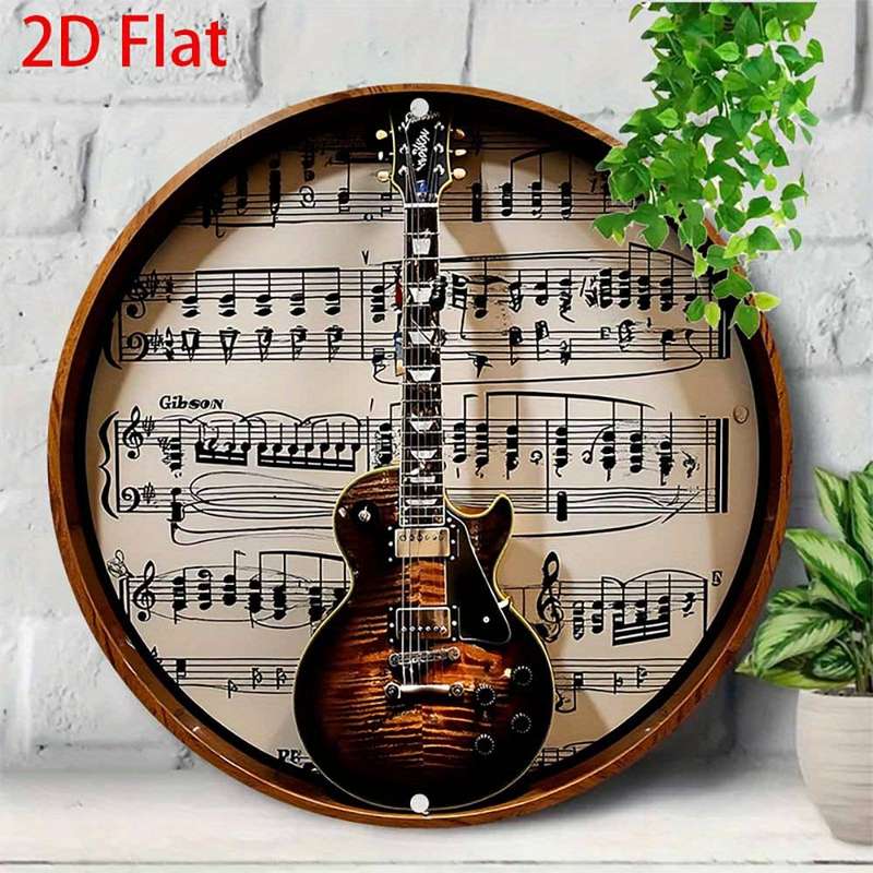 1pc  2D Flat Metal Round Aluminum Tin Sign Gibson Guitar Wall Art Retro Music Decor for Hom