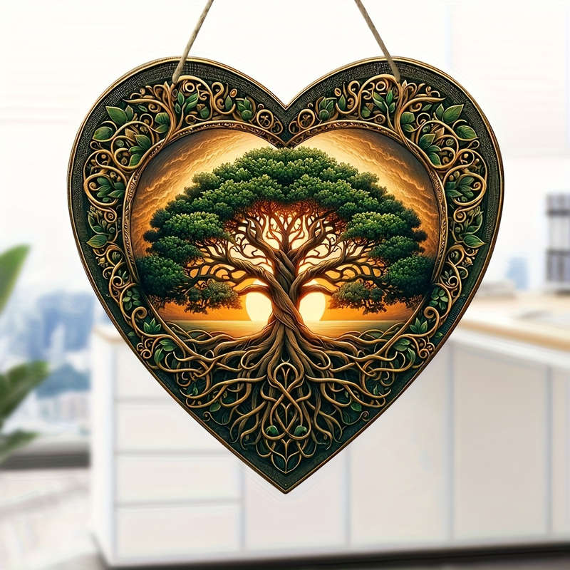 1pc 2D Flat  Acrylic Tree of Life Wooden Hanging Sign-Heart-Shaped Garland Door