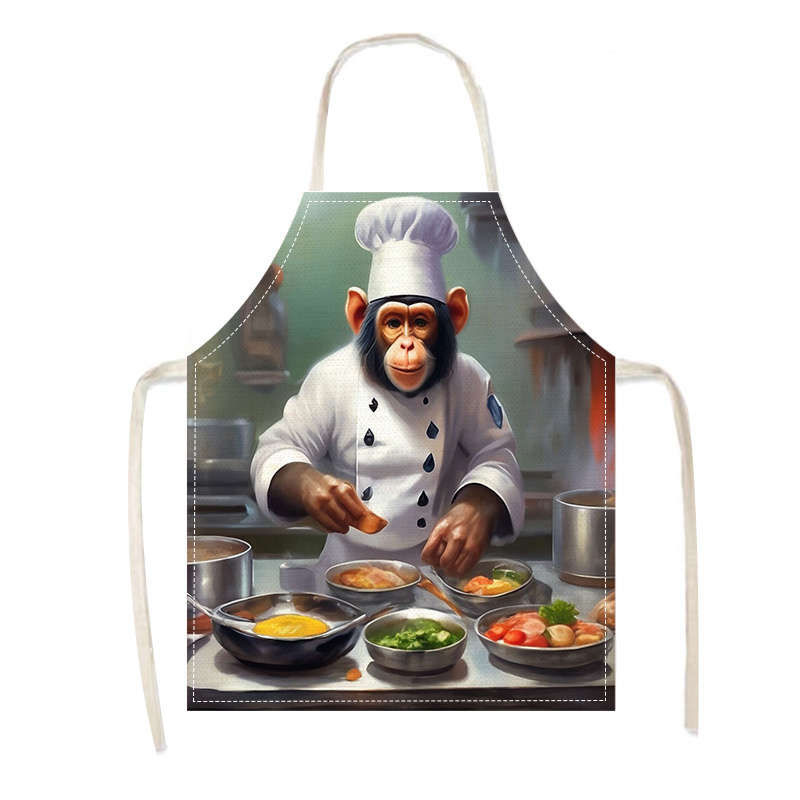 1pc Creative Monkey Chef Pattern Apron Adjustable Straps Durable Polyester Kitchen Cooking Bi