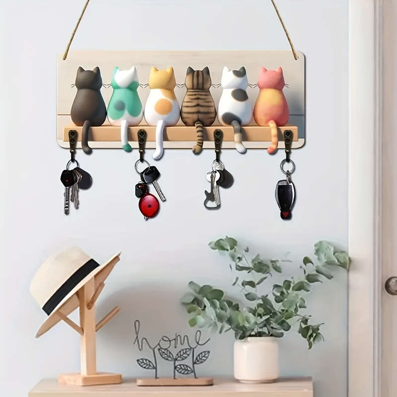 A 2D Whimsical Cat Silhouette Keychain with 4 One Metal Hooks-Colorful Wall-Mounted Wood Artwork Pe