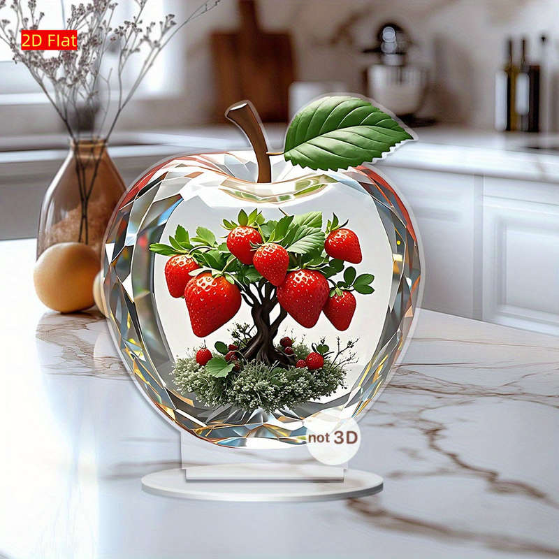 1pc 2D Flat   Elegant Strawberry  Acrylic Decorative Piece with Vibrant Green Leaves Red Ber