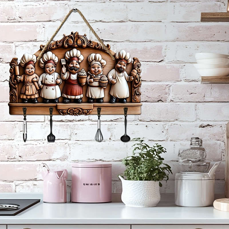 1pc Happy Chef Family Wooden Key HolderVintage Style Wall-Mounted Decor with Four Metal Hooks 2D