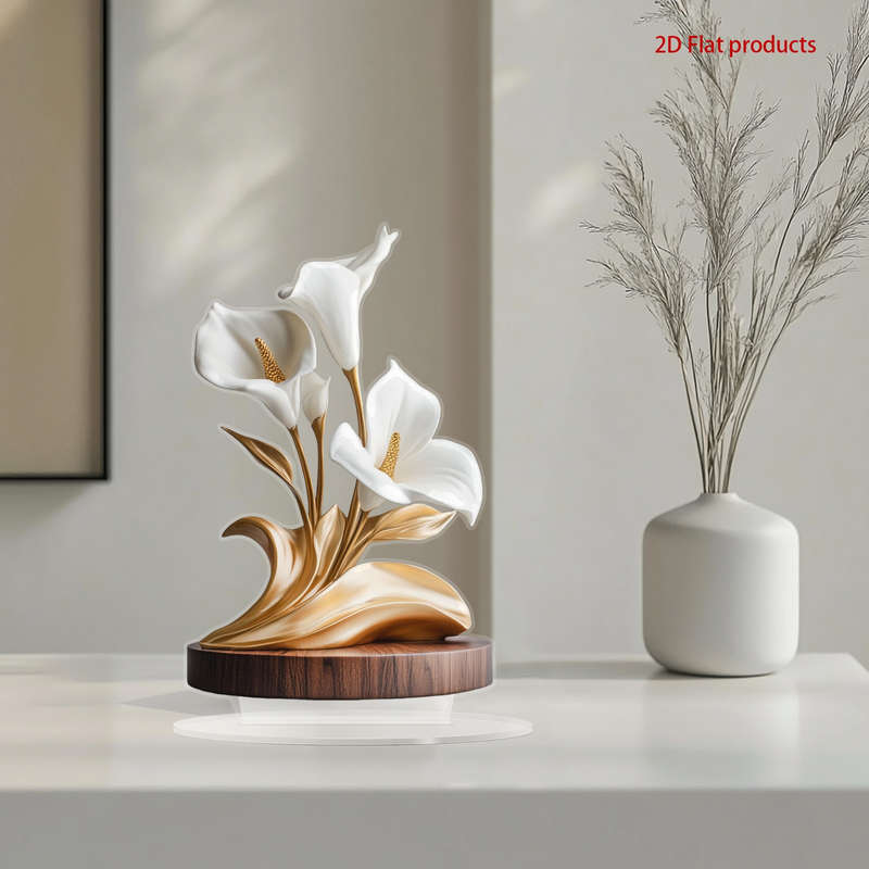 1pc 2D Flat  Printing  Elegant White Lily Acrylic Decor with Base Bohemian Style Perfect for