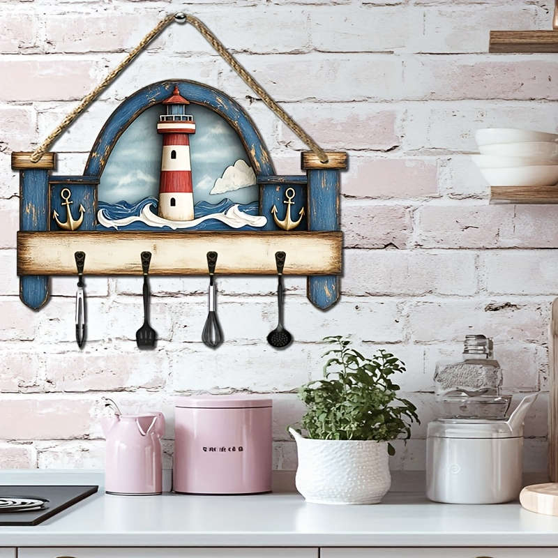 Vintage Nautical Lighthouse Wooden Key Holder2D Flat Design with Four Metal Hooks Colorful Wall