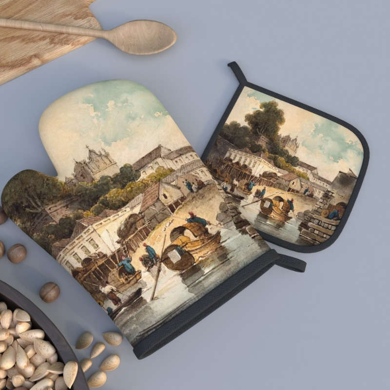 2pcs Heat-Resistant Oven Mitts with Charming Small Town Life Design 26.92x17.02 cm Polyester