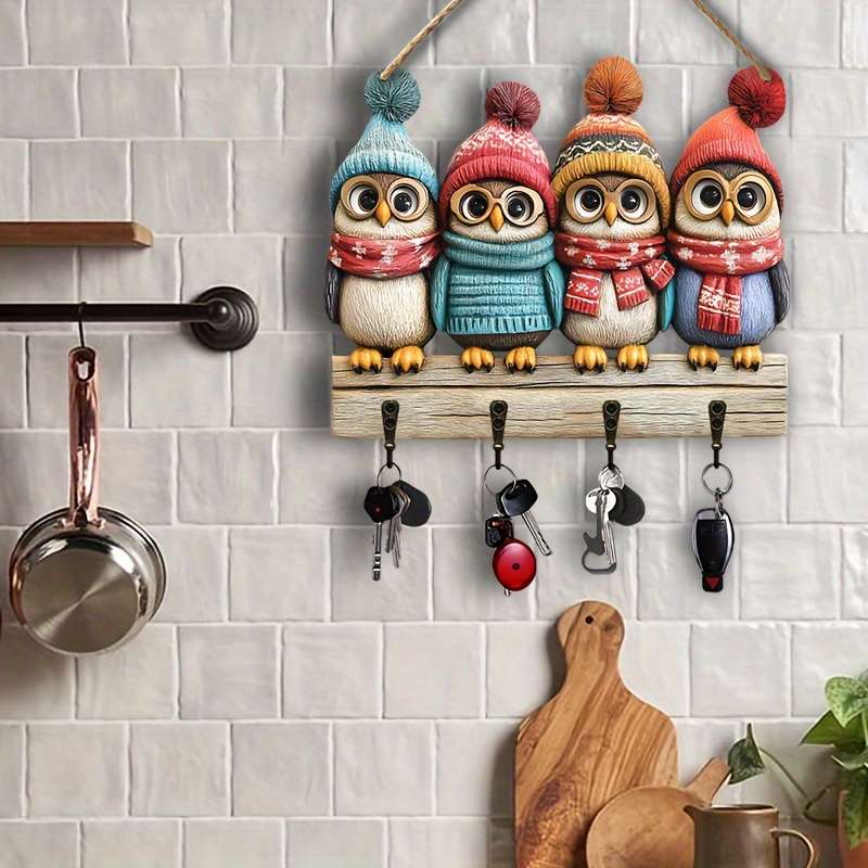 5 Cute Owl Key HoldersColorful Wooden  Home Decor Wall Art with Four Metal Hooks (30.0cm x 24.99