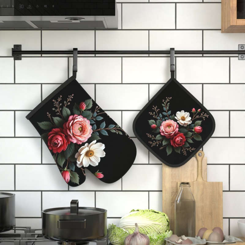 2pcs Floral Heat-Resistant Oven Mitts Potholders Spring Flowers Leaves Design 26.92x17.0