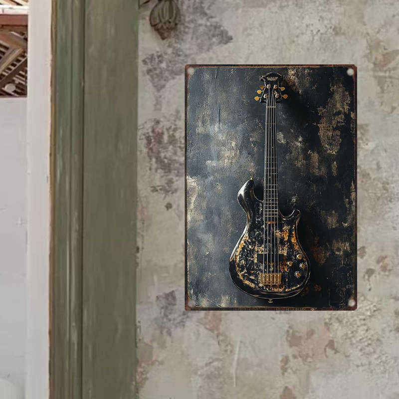 1pc  Vintage Electric Guitar Metal Sign 20.32x30.48 cm Retro Wall Art Rustic Black and Golden