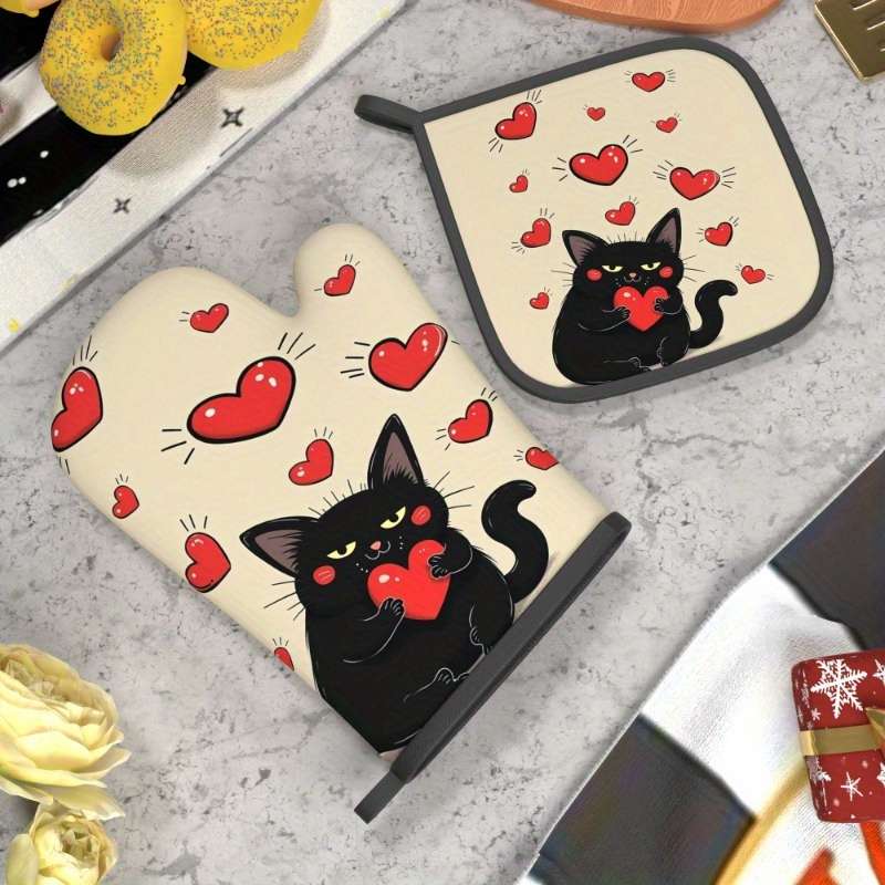 2pcs 26.92x17.02 cm Heat Resistant Oven Mitts And Potholders Fun Creative Picture Cat Holding R