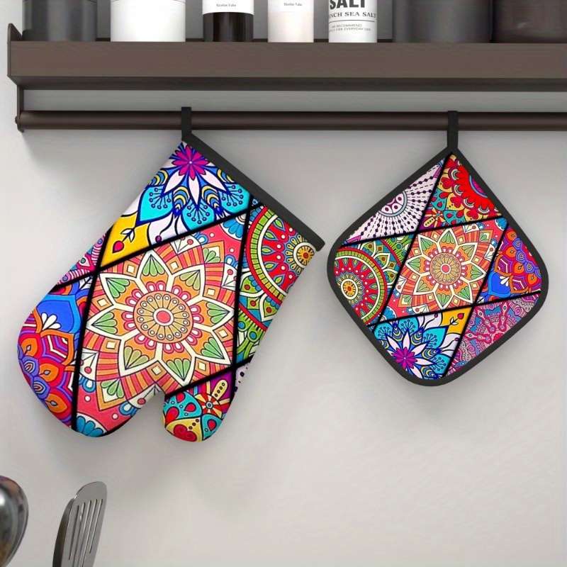 2pcs Colorful Mandala Heat-Resistant Oven Mitts Pot Holders 26.92x17.02 cm Vibrant Geometr