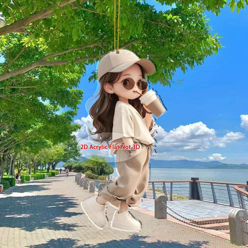 1pc 2D Flat  Acrylic Hanging Ornament Cute Girl with Coffee Design Perfect for Car Keychain Bac