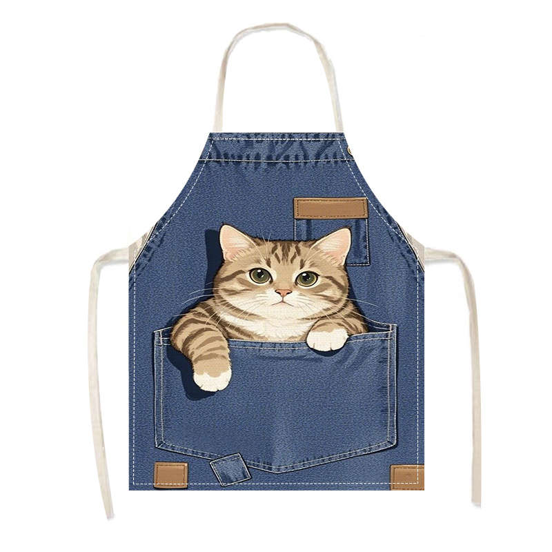 1pc Adult-Sized Linen Apron with Cute Cat in Pocket Design Sleeveless Blue Denim Kitchen Wear Ide