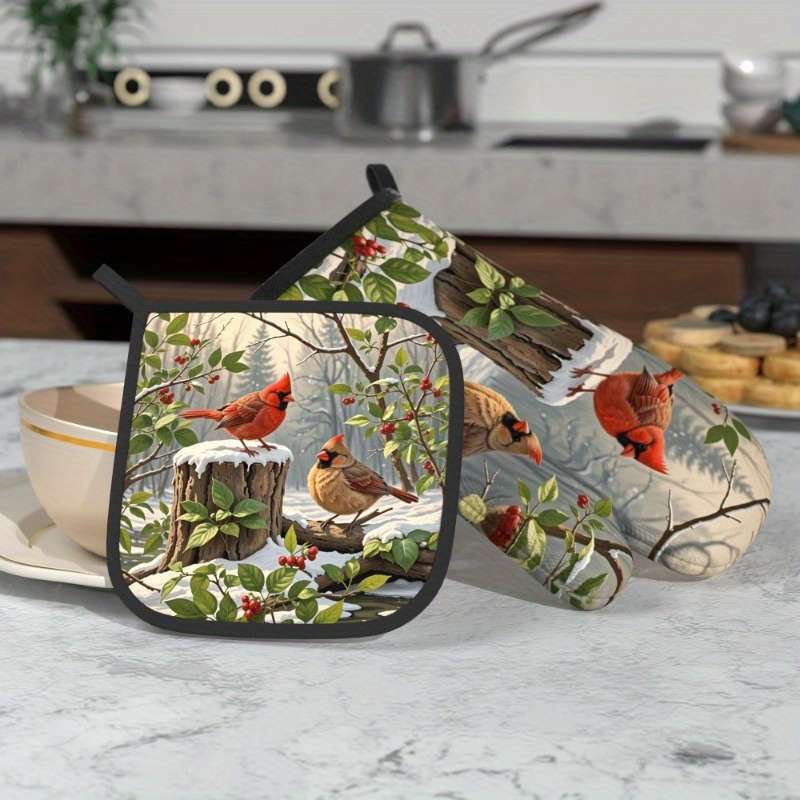 2pcs Set Cardinal Red Berries Green Leaves Oven Mitts and Pot Holders Heat Resistant Machi