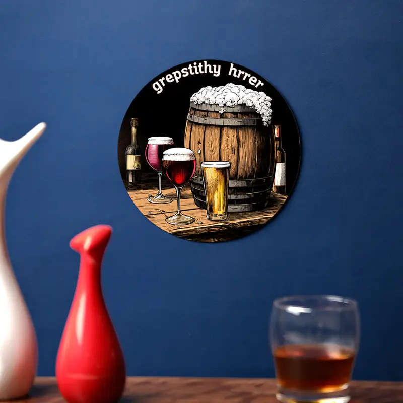 1pc Vintage Barrel Wine Glasses 19.81cm Round Aluminum Sign GREPSTITH HIRRER Beer Wine Illustration