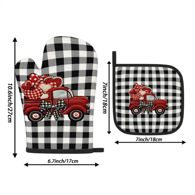 2pcs 26.92x17.02 cm Oven Mitts And Potholders Happy Valentine's Day Black and white checkered T