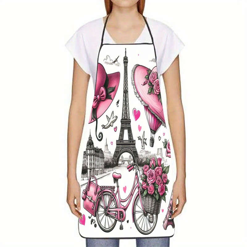 1pc Paris Theme Sleeveless Polyester Apron with Pink Accents Romantic Eiffel Tower Vintage B