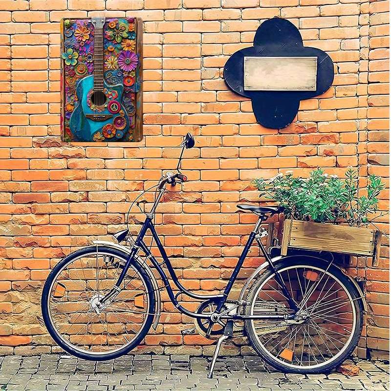 1pc Vintage Hippie Guitar Aluminum Tin Sign 8x12 Inch 20x30cm No Electricity Required Wall-Mo