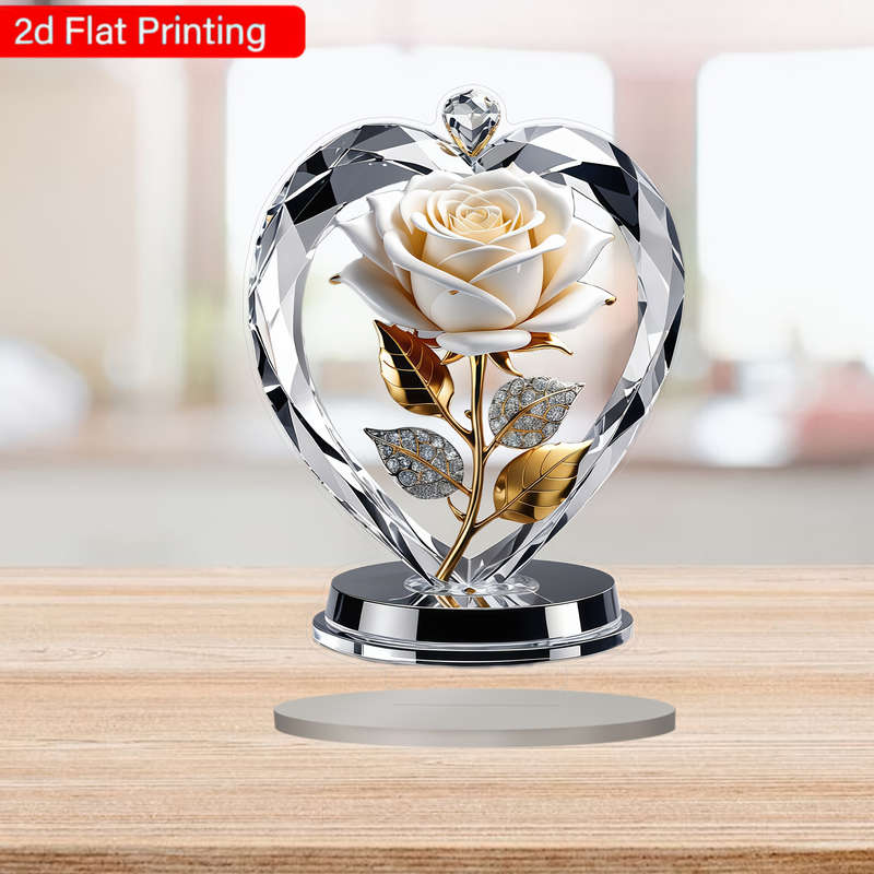 1pc 2D Flat   Acrylic Heart-Shaped White Rose with Golden Leaves Stems Elegant Home Decor for