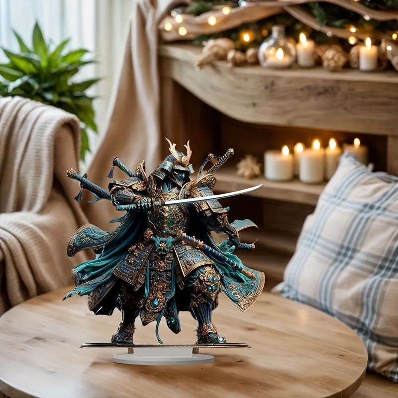 1pc 2D Flat  Acrylic Samurai Knight Statue Vibrant Blue Armor with Golden Accents Ideal for Valen
