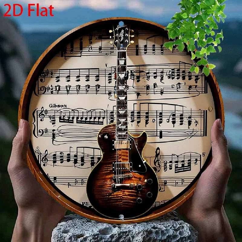1pc  2D Flat Metal Round Aluminum Tin Sign Gibson Guitar Wall Art Retro Music Decor for Hom