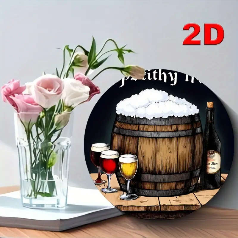 1pc Vintage Beer Barrel Scene Round Aluminum Sign 19.81cm Diameter Pre-Drilled Easy to Hang Durable