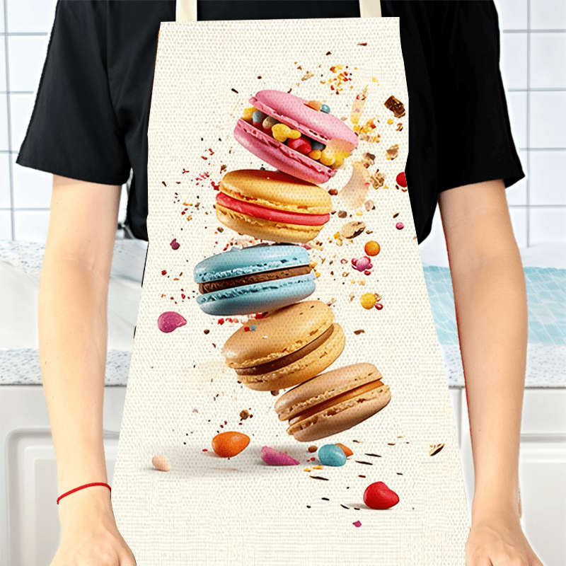 1pc Chic Linen Apron Large Size Cute Macaron Dessert Print Sleeveless Durable Kitchen Wear for