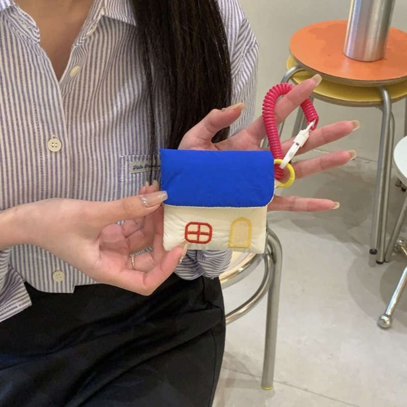 1pc Cute House-Shaped Keychain Pouch Mini Polyester Storage Bag with Rope Closure Pastel Colors
