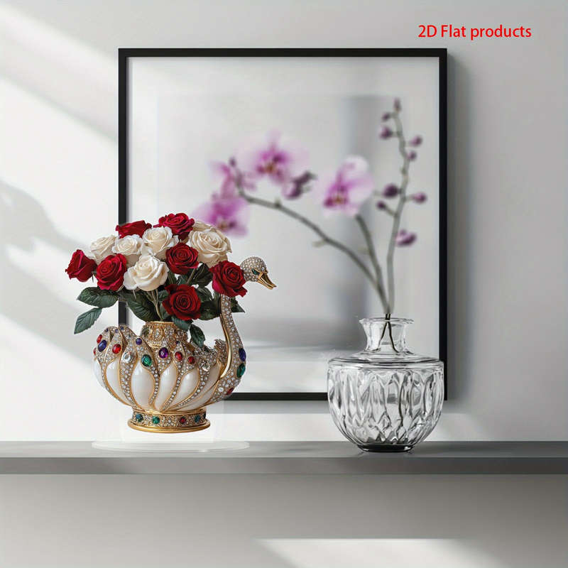 1pc 2D Flat  Elegance Swan Vase with Gemstone Embellishments White and Gold Acrylic Tabletop Deco