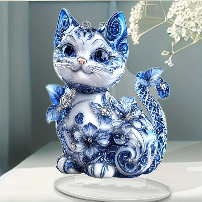 1pc 2D Flat   Bohemian-StylePrinted Acrylic Cat Figurine with Blue Floral Gemstone Ac