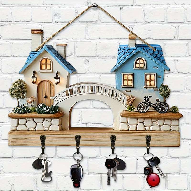 1pc Bridge Cottage- Household Wooden Key Rack( 29.97cm x 22.86cm) Comes with Four Metal Hooks- Mul