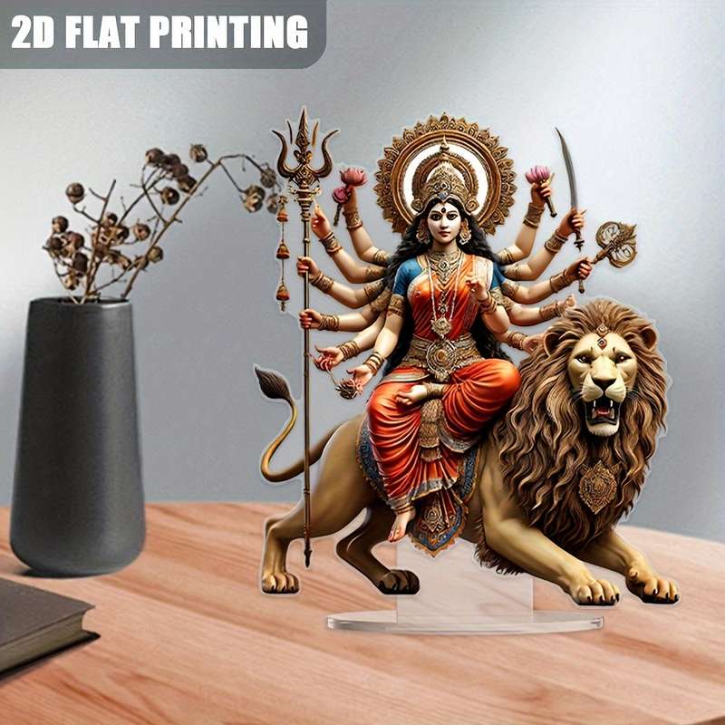 1pc 2D Flat   of Lion Acrylic Statue Durga a Vibrant Multi-Armed Hindu Goddess Symbolizing