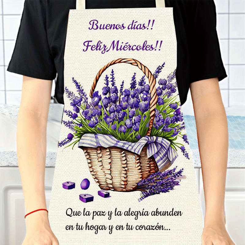 1pc Large Linen Lavender Basket "Feliz Mircados" Apron Durable Sleeveless Kitchen Wear wit