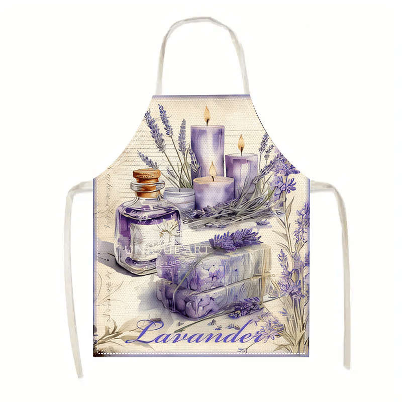 1pc Vintage Lavender Perfume Print Large Apron Sleeveless Durable Linen Kitchen Apron for Cooking