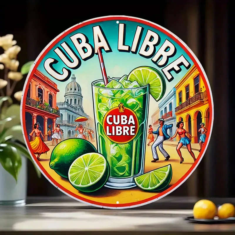 1pc Vintage Metal Sign Cuba Libre Cocktail Scene Aluminum Round Poster Vibrant Caribbean Design Retr